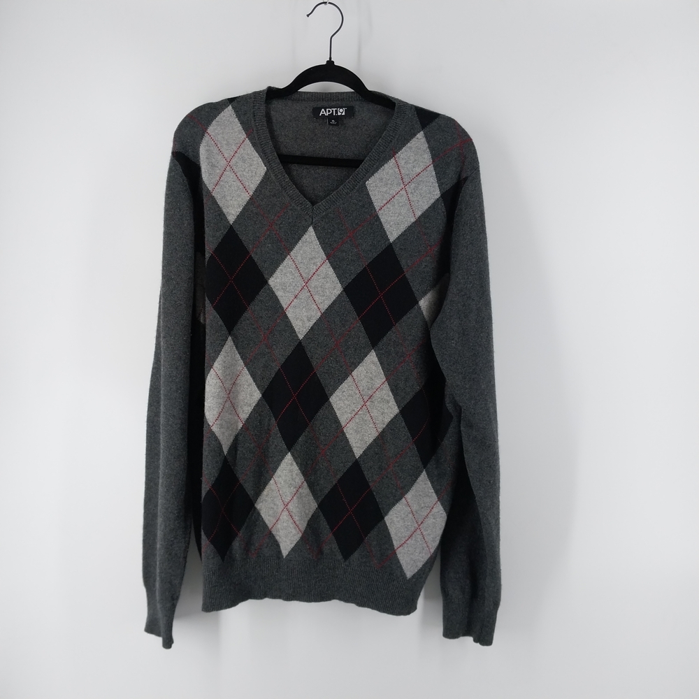 Apt. 9 Men's Gray Argyle Sweater Silk Cashmere V Neck Pullover Long Sleeve